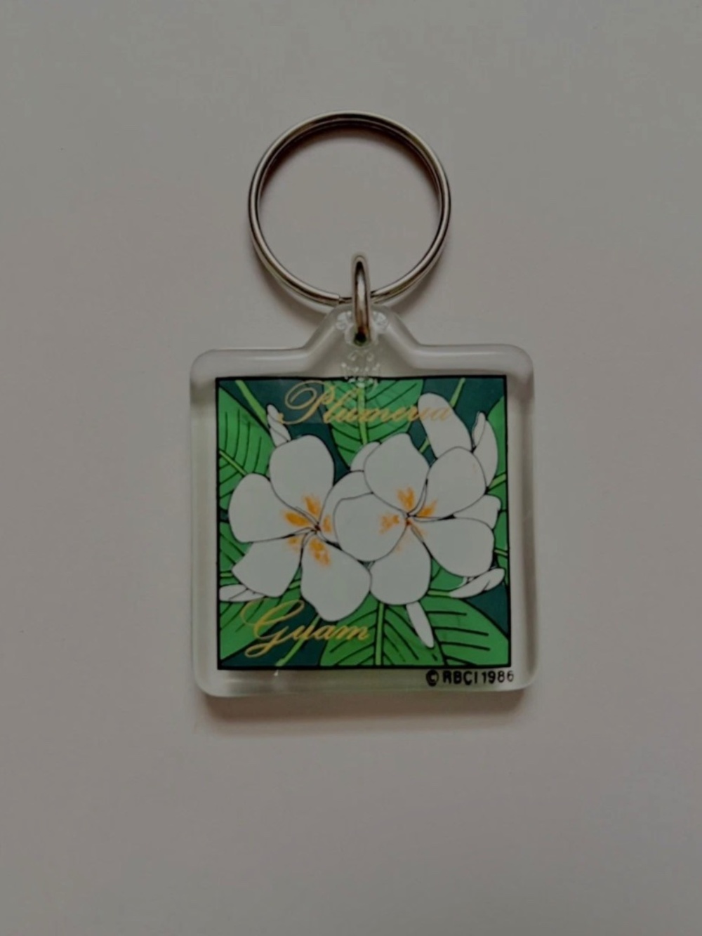 Vintage Guam Islands Plumeria Flower 1986 Keychain Keyring Fob Strap